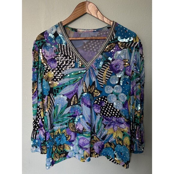Unbranded Tops - Vintage Shirt Large Floral Silk Beaded Art Wear Artsy Multi Print Sequins Pearl
